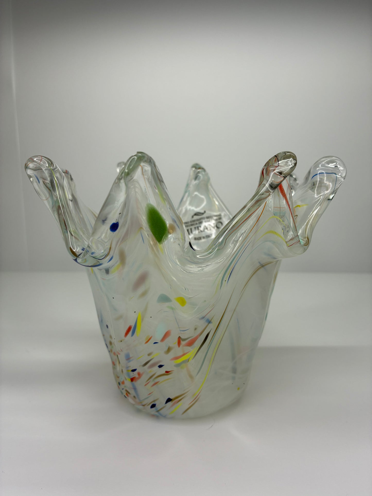 Murano Glass Authentic Italian Handmade Rainbow Speckled Crown Shaped Vase