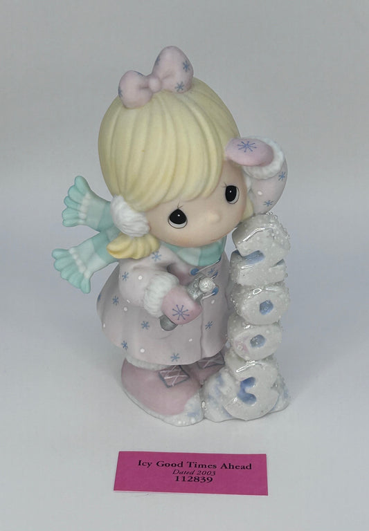 Precious Moments Vintage 2003 Icy Good Times Ahead Hand Painted Porcelain Collectible Figurine Original Box Mint