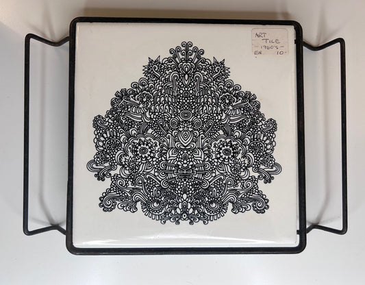 Tile Art Trivet with Black Metal Stand Vintage 1960s Home Office Decor