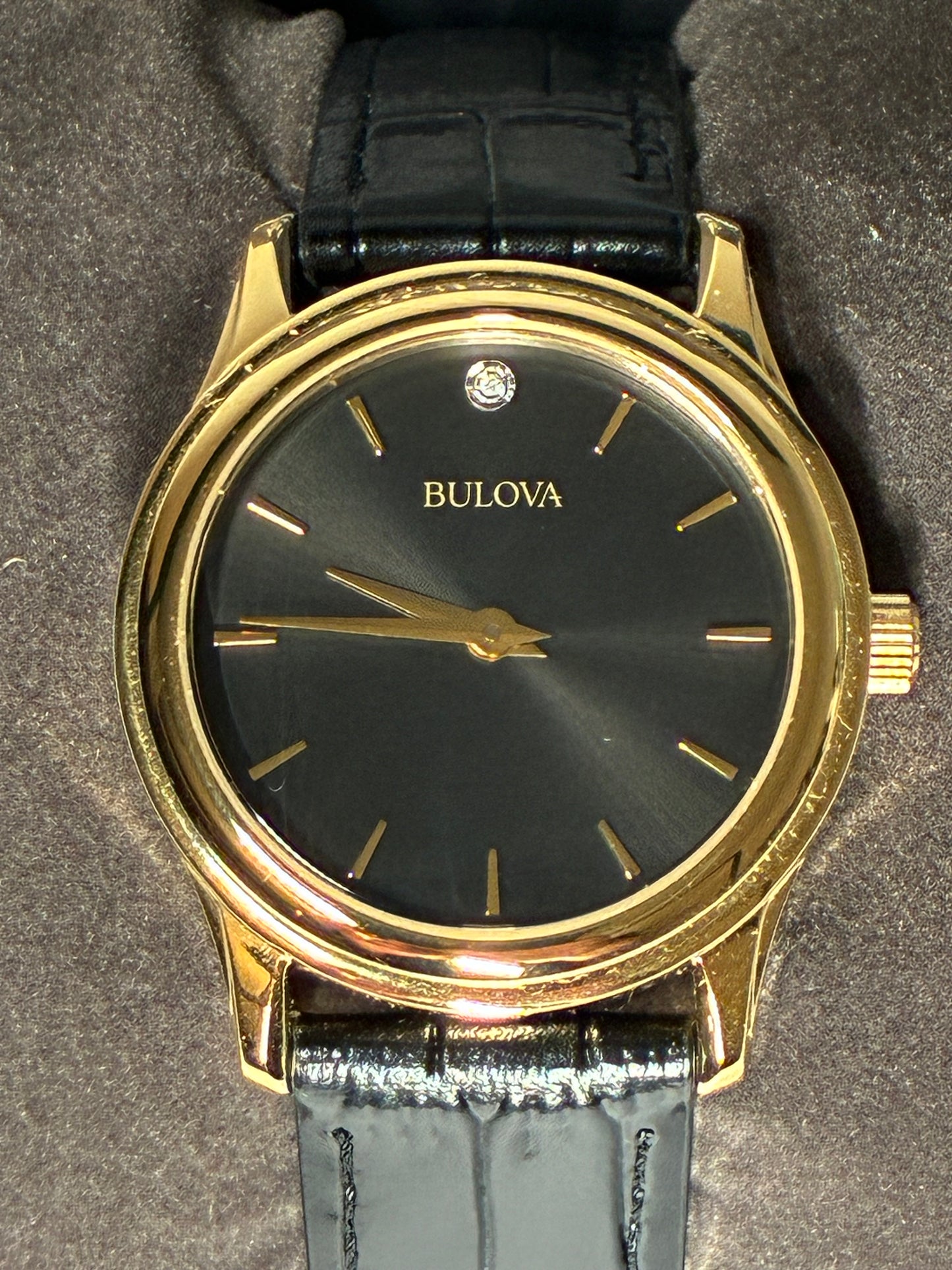 Bulova Diamond Accent Corporate Collection Women's Watch New in Original Box Gold-Tone Sunray Dial Black Leather Straps