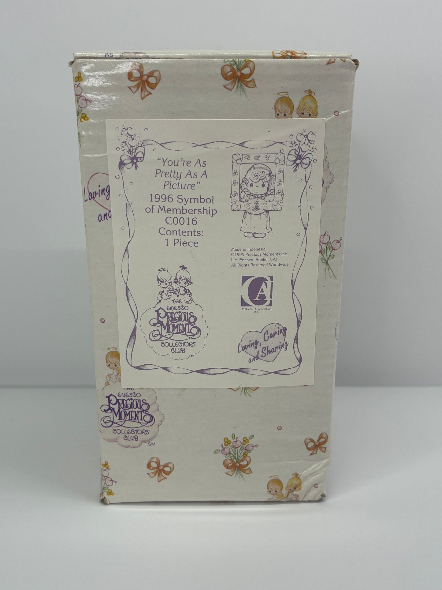 Precious Moments Vintage 1996 Symbol of Membership You're as Pretty as a Picture Hand Painted Porcelain Collectible Figurine Original Box