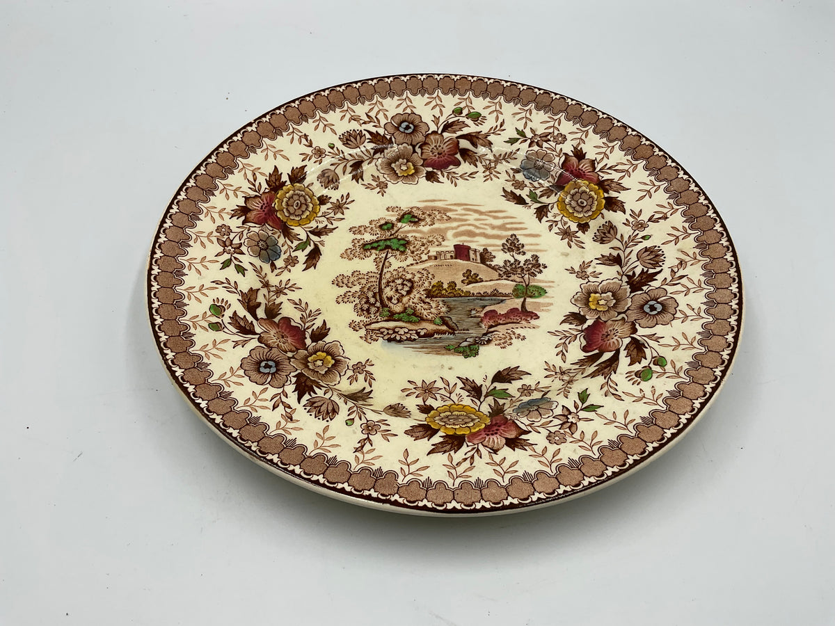 Vintage Ridgeway Windsor England Transferware Dinner Plate Floral Scenic Brown