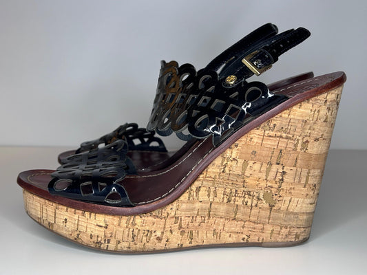 Tory Burch Black Leather Nori Perforated Wedge Sandals Women's Size 10.5 Not in Original Box