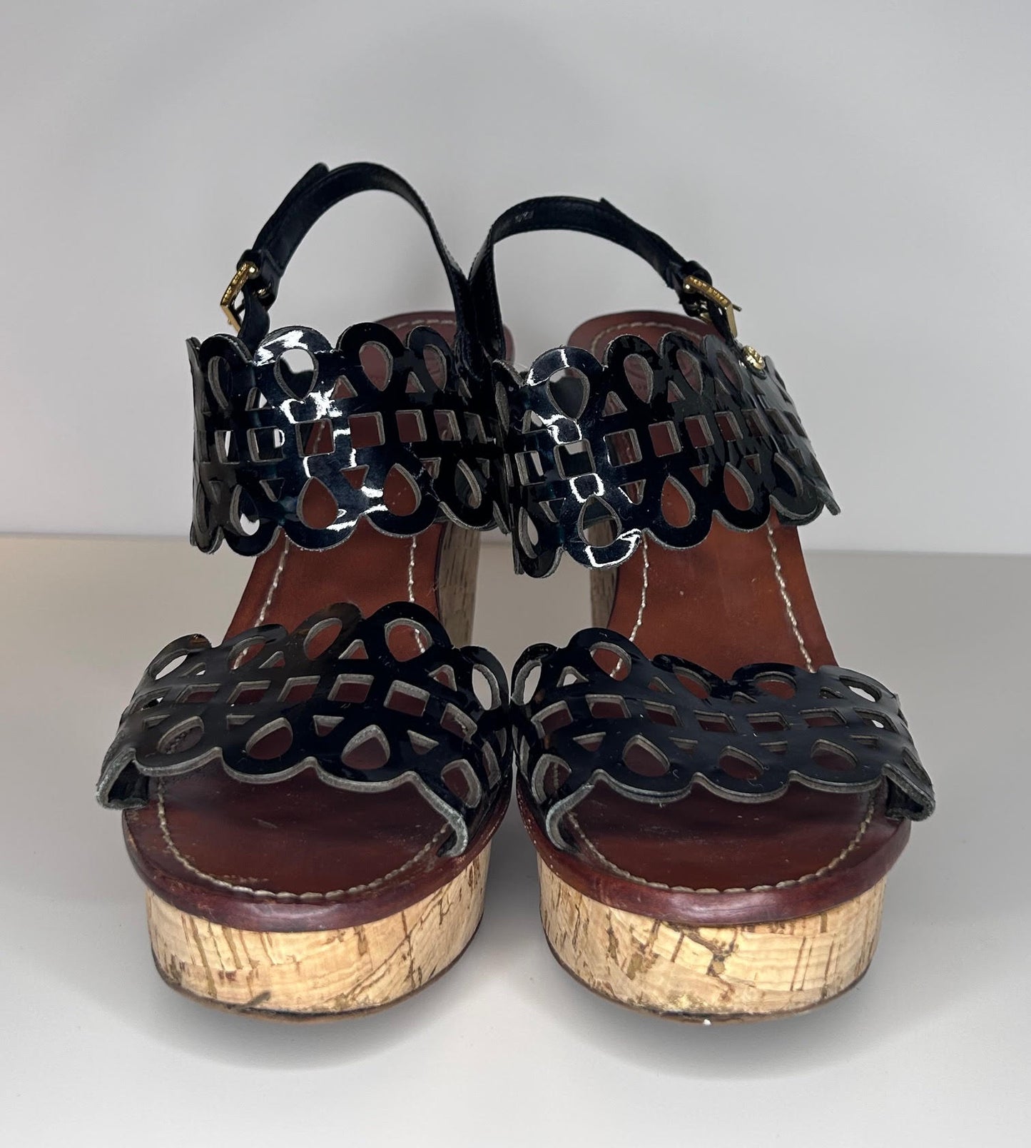 Tory Burch Black Leather Nori Perforated Wedge Sandals Women's Size 10.5 Not in Original Box