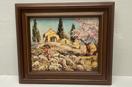 Pastoral Landscape Framed Artwork Shepherd & Sheep Chapel Scene