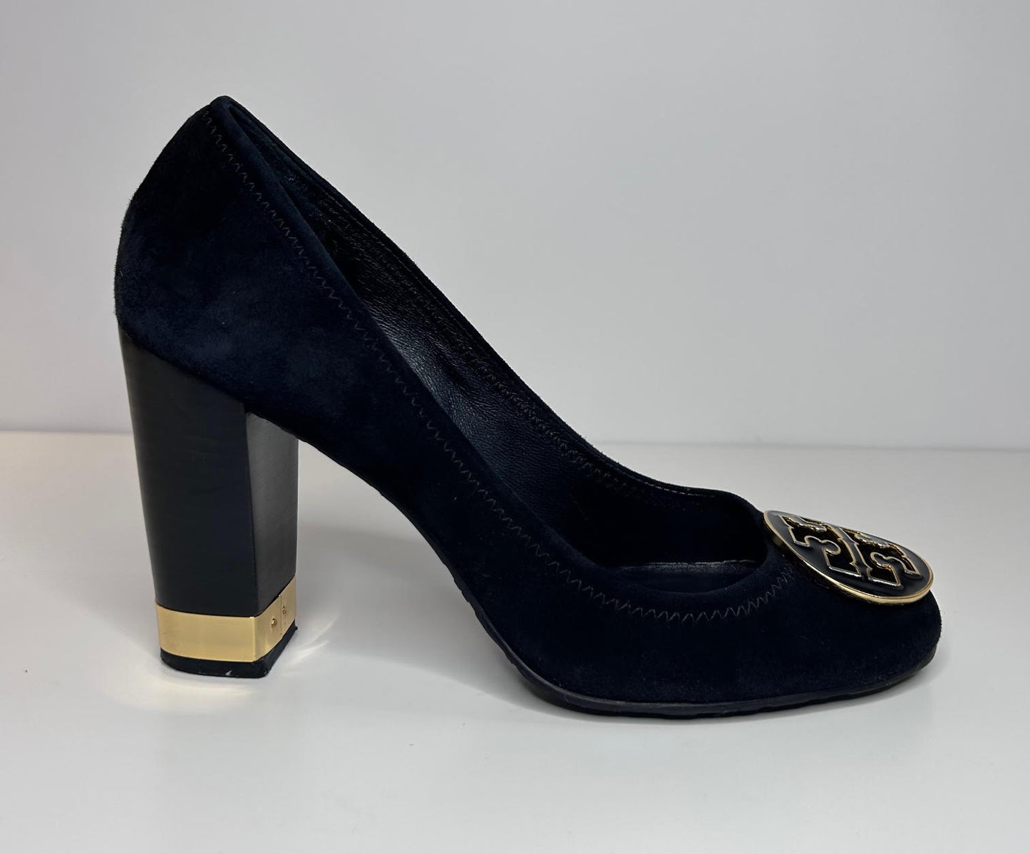 Tory Burch Maddie Pumps Black Suede Gold Trim Womens Shoes Size 8.5