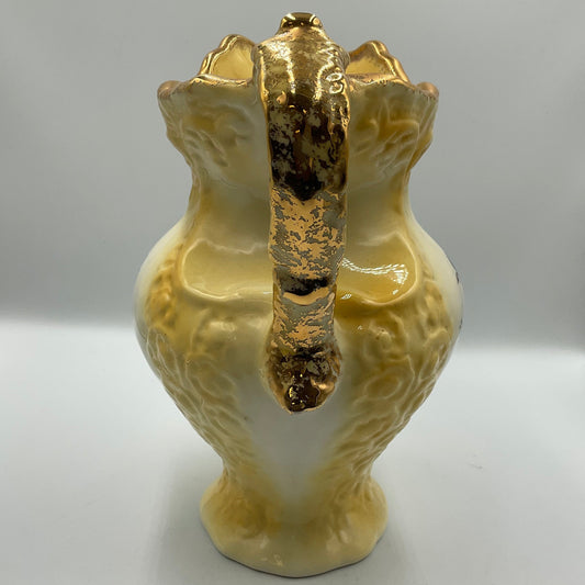 Vintage Yellow Porcelain Pitcher Vase with Goldtone Trim