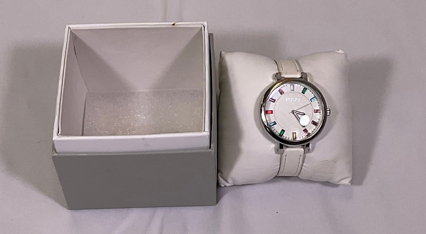 Folio White Quartz Rainbow Accent Analog Womens Watch Original Box Working Condition New Battery