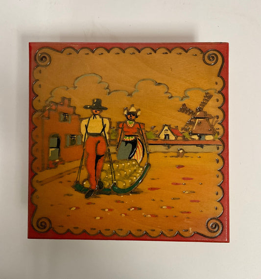 Hand Painted Vintage Wooden Box Dutch Folk Art Windmill Scene