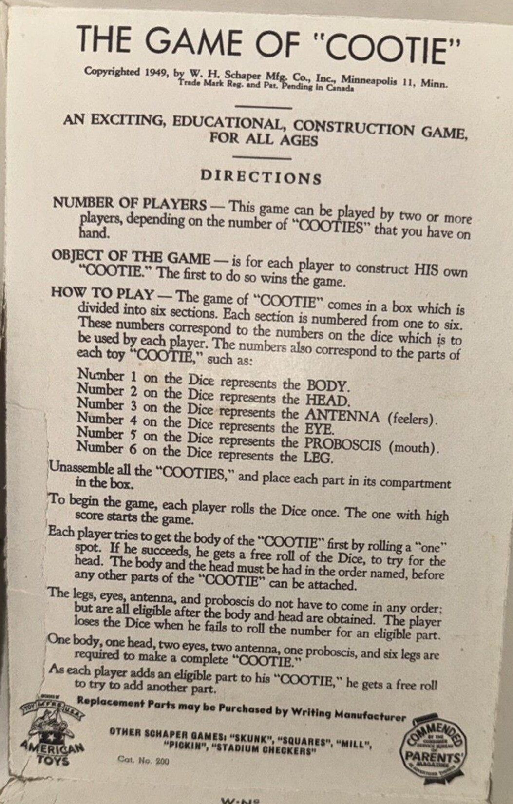 The Game of Cootie Vintage 1949 Build A Bug Board Game Original Box 1950s Edition