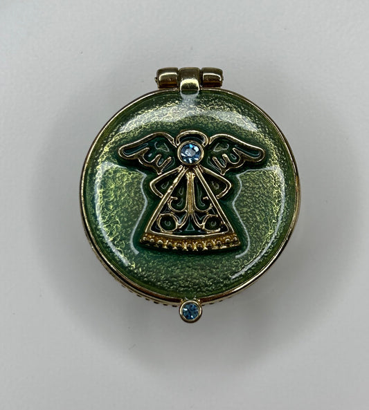 Angel Figure Green Gold Enamel Pill Box Light Blue Rhinestones Magnetic Closure 1.5"