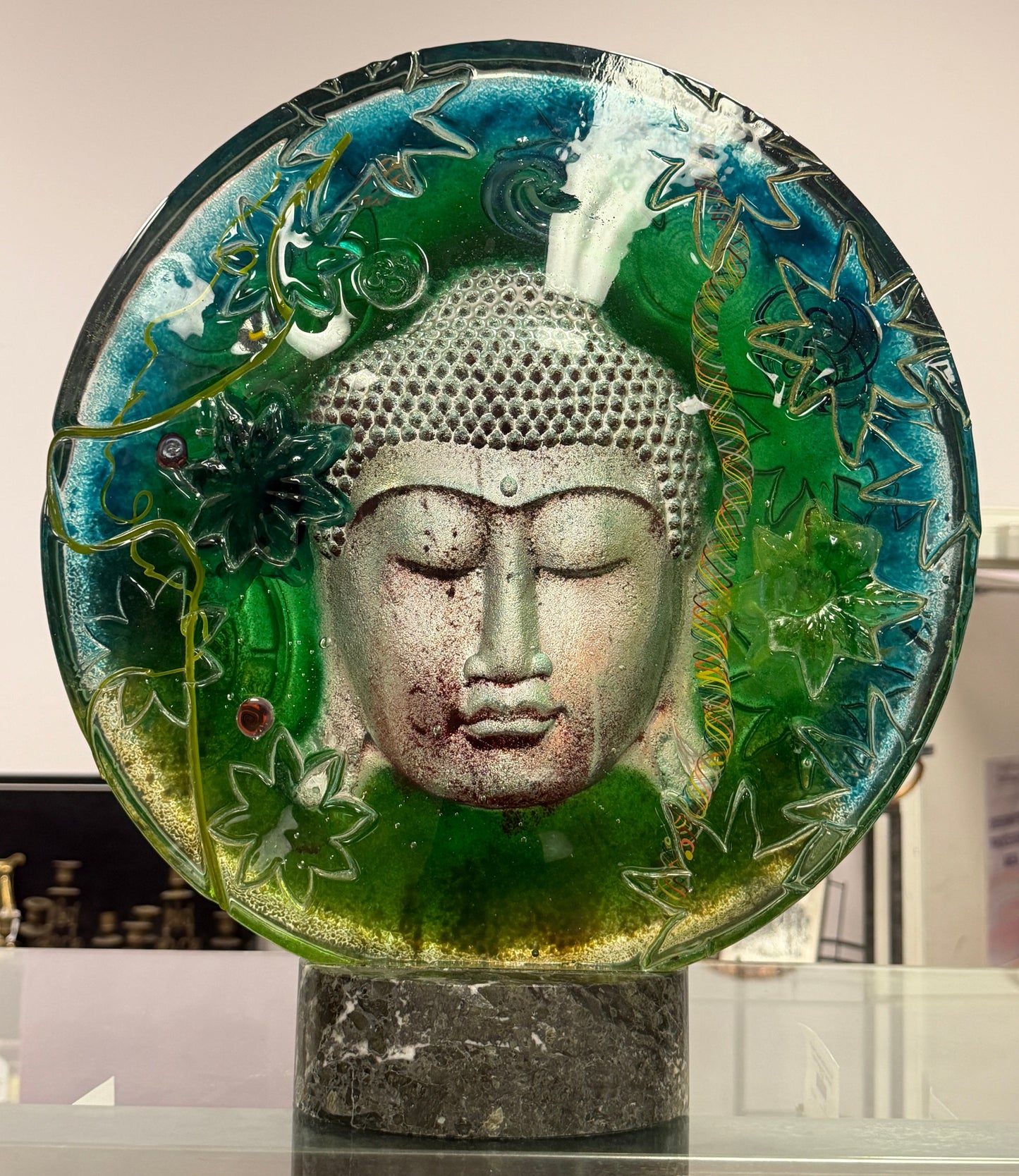 Susan Gott Phoenix Studio Glass Gallery Buddha Round Sculpture Blue Green Handblown Glass Fine Art