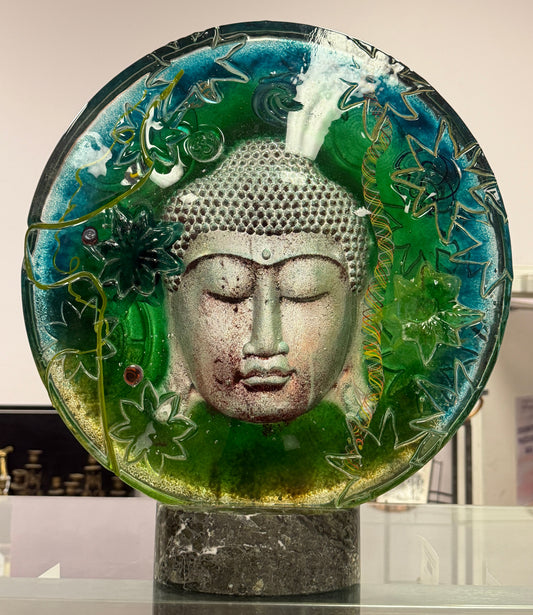 Susan Gott Phoenix Studio Glass Gallery Buddha Round Sculpture Blue Green Handblown Glass Fine Art