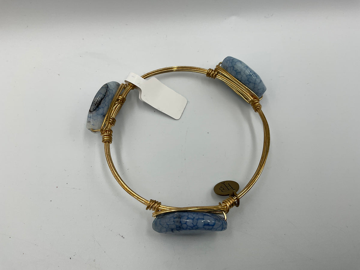 Bourbon and Boweties Bangle Gold Tone Wire Wrapped With Blue Marbled Stones