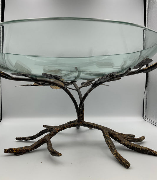Kensington Oversized Art Glass Bowl with Twig Leaves Base Stand
