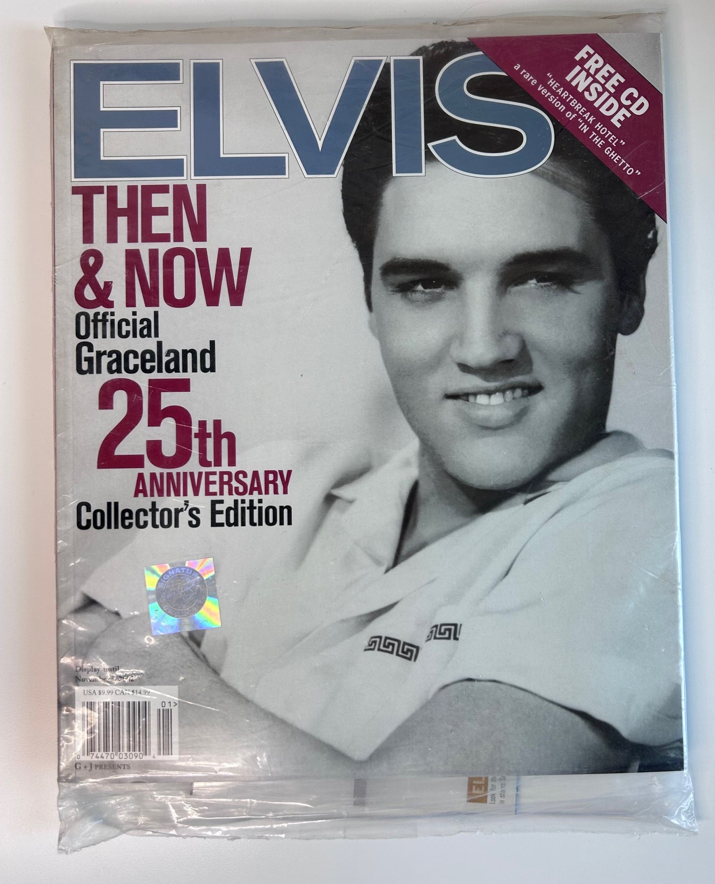 Elvis Presley Then & Now Official Graceland 25th Anniversary Collector's Edition Magazine 2002 and with Free Heartbreak Hotel Bonus CD Sealed in Original Packag
