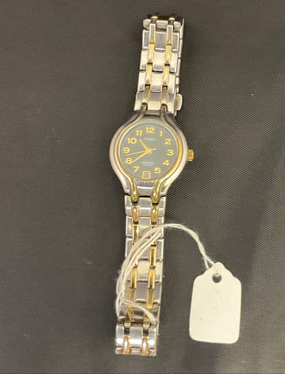 Timex Indiglo Two Tone Watch Black Dial Goldtone Accents Working New Battery
