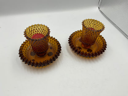 Set of 2 Vintage Diamond Cut Amber Glass Candle Holders