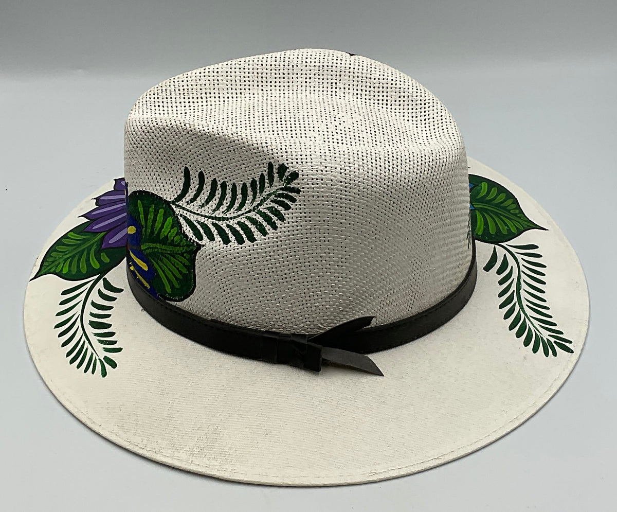 Hand Painted Floral Designed White Fedora Hat Made in Mexico large