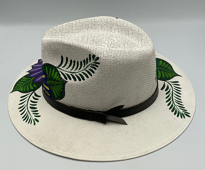 Hand Painted Floral Designed White Fedora Hat Made in Mexico large
