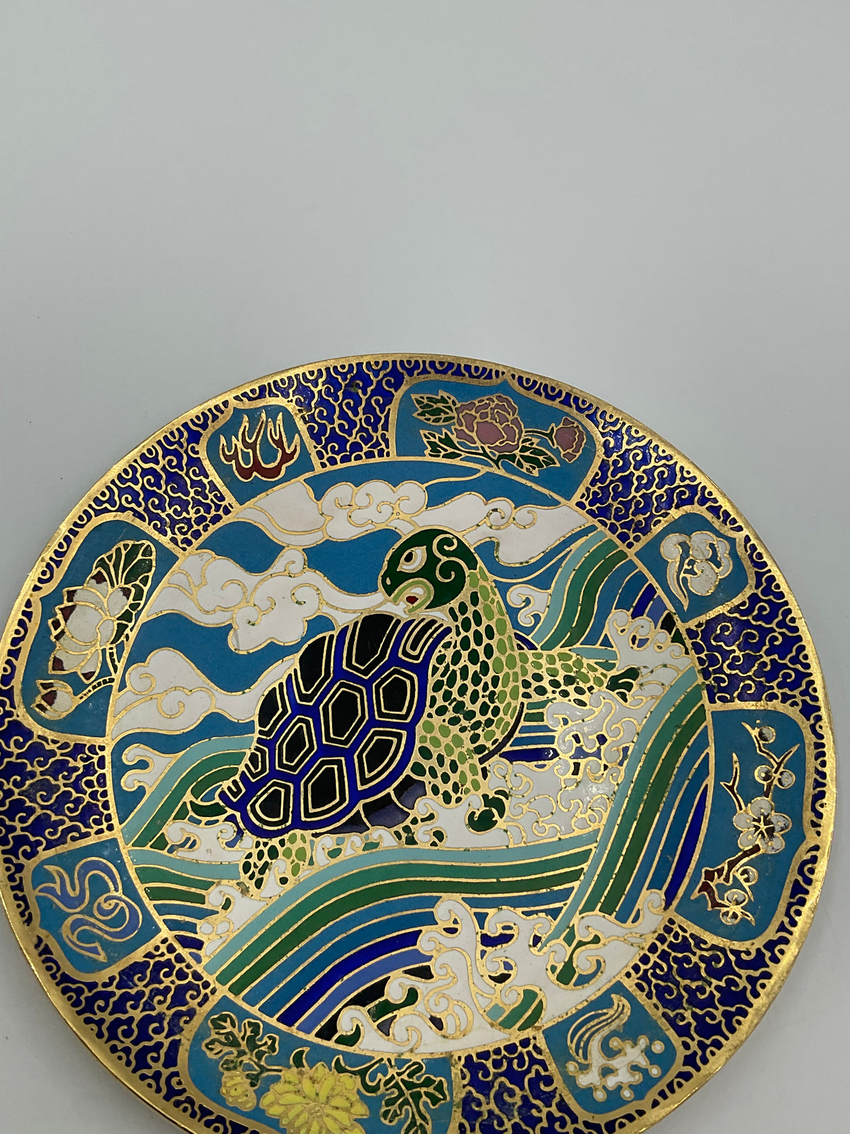Vintage Hamilton Cloisonne Plate The Tortoise Mou Sien Tseng Chinese Symbols