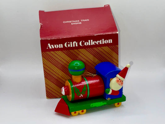 Vintage 1987 AVON Wooden Christmas Ornament Train Engine Santa Driving Train
