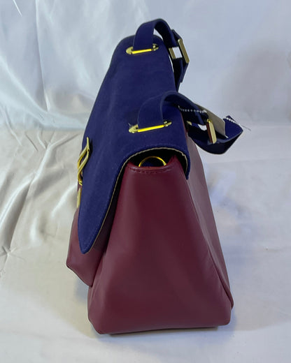 IMAN Global Chic Luxurious Suede and Leather Blue Red Handbag New with Tags