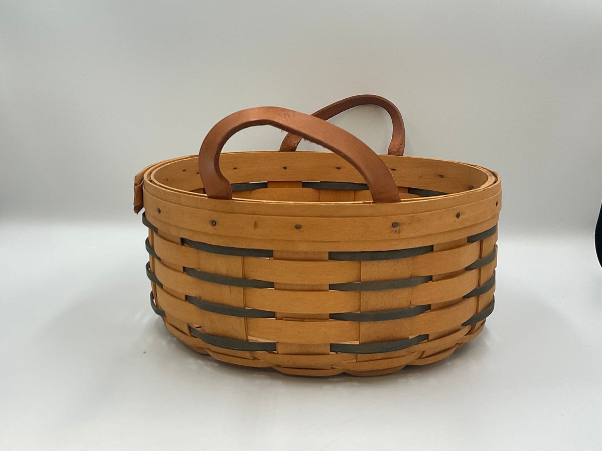 1998 Longaberger Round Basket Green Accent Bands Leather Handles 9.5"