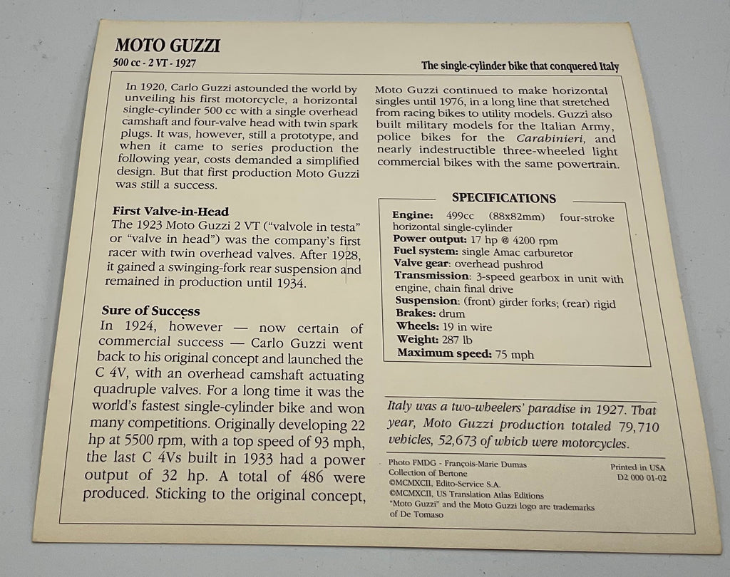 Vintage AJS 500cc Supercharged V4 Competition Motorcycle Info Card Spec Sheet