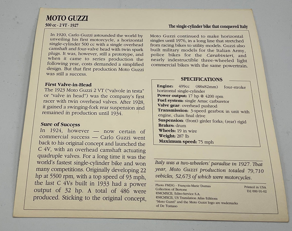 Vintage AJS 500cc Supercharged V4 Competition Motorcycle Info Card Spec Sheet