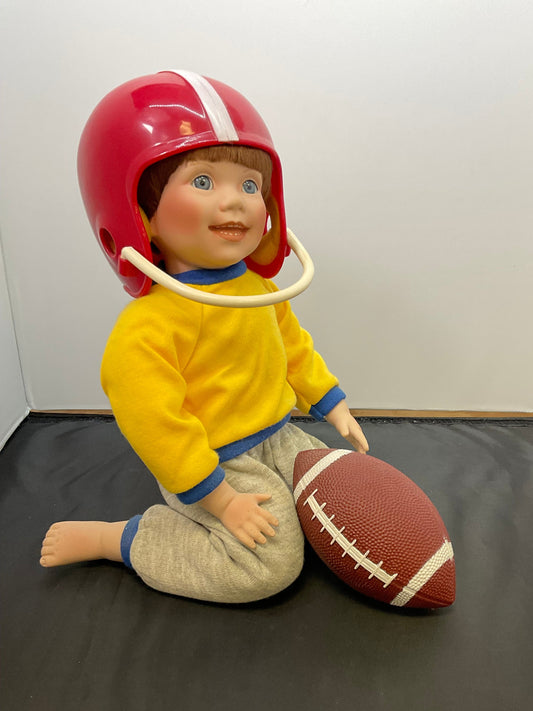 Danbury Mint, Exclusive Elke Hutchens Porcelain Bobby Football Player Doll 12" Kneeling Original Box