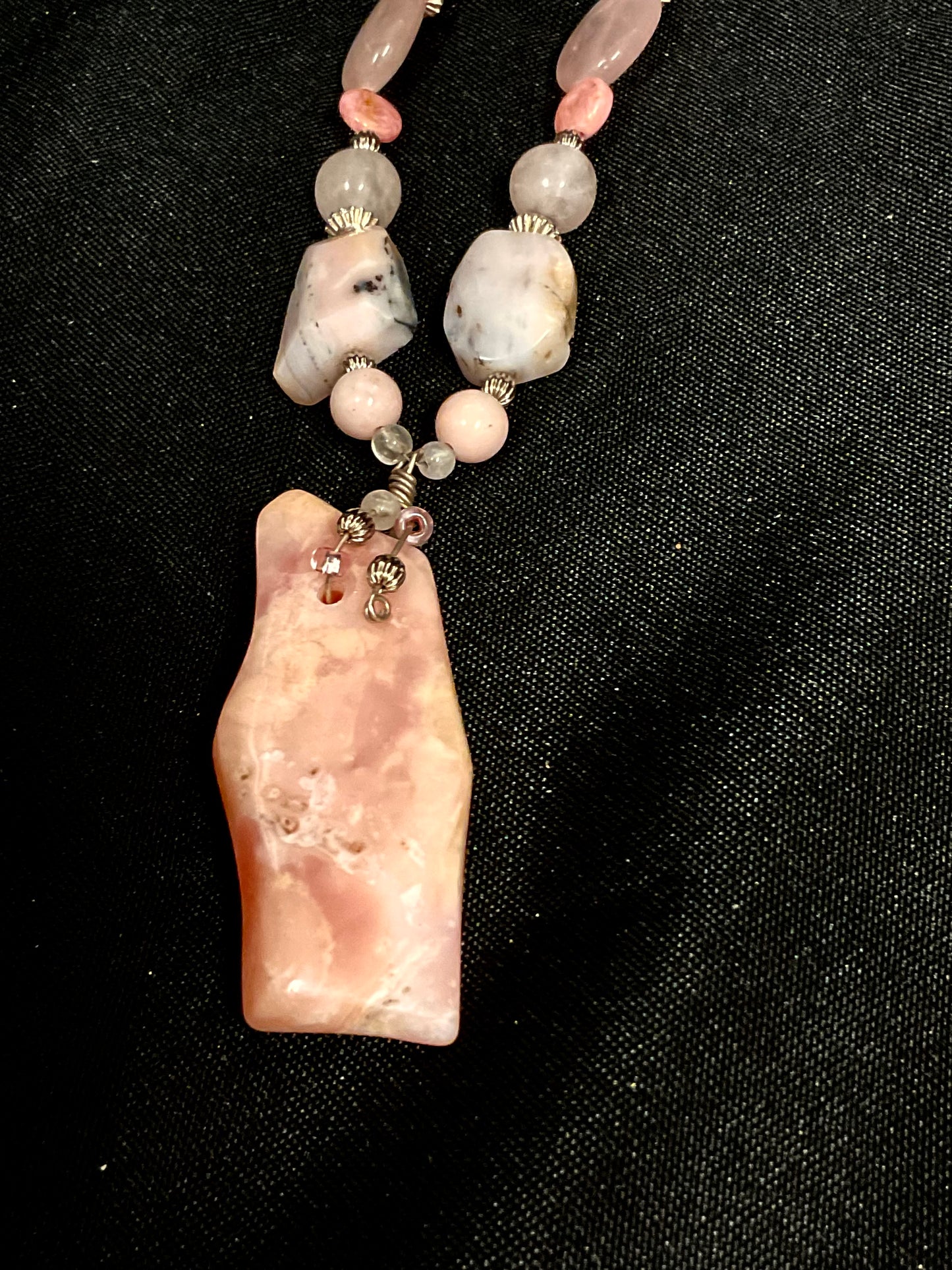 Pink and White Beaded Necklace with Pink Stone Pendant