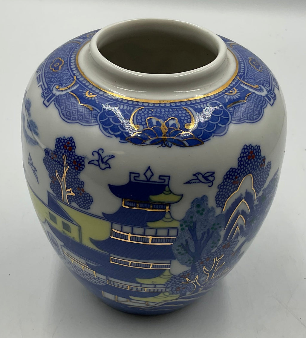 Vintage Chinese Chinoiserie Blue White Pagoda Ginger Jar No Lid