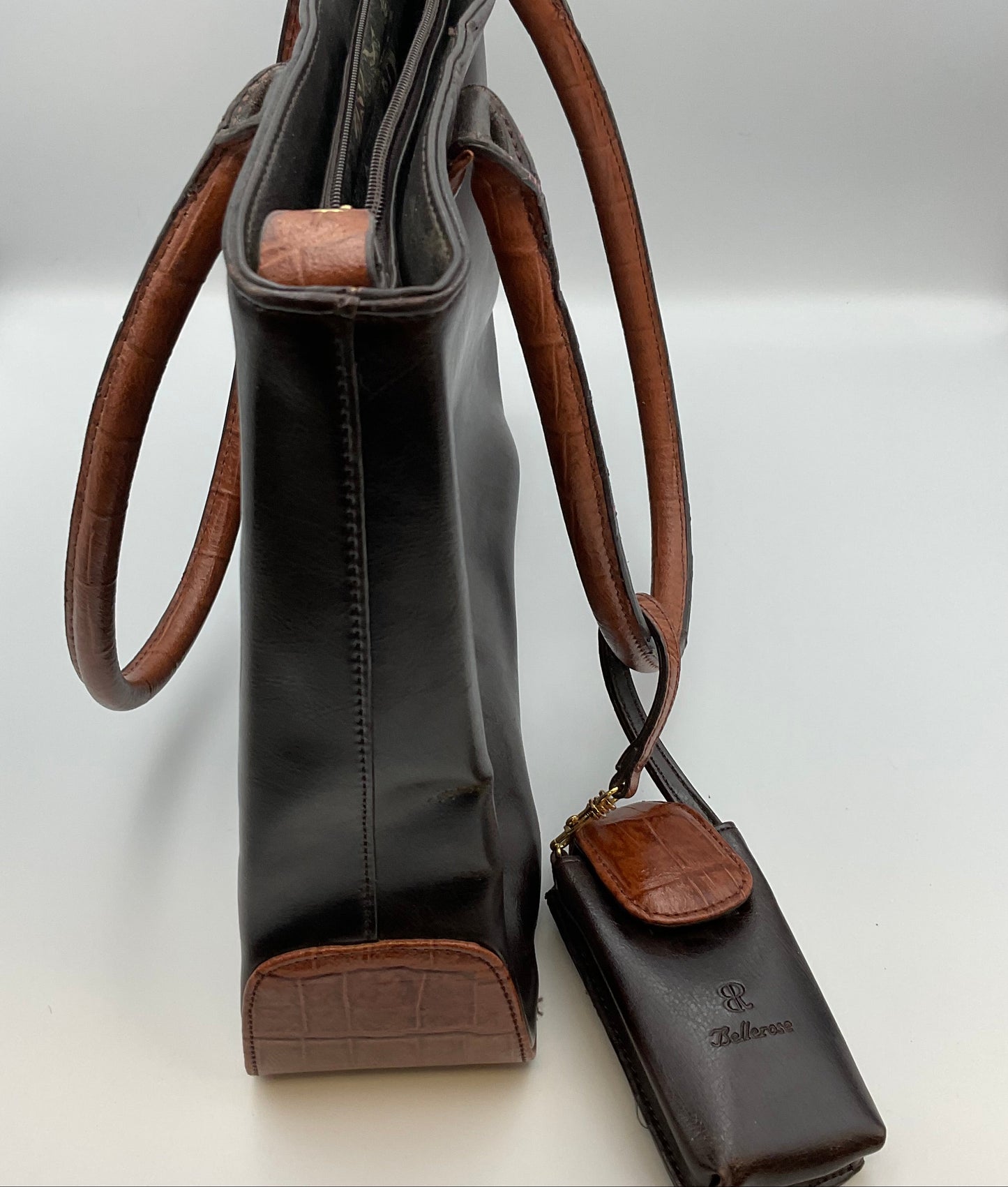 Bellerose Large Brown Tan Handbag Tote Purse with Little Hanging Case