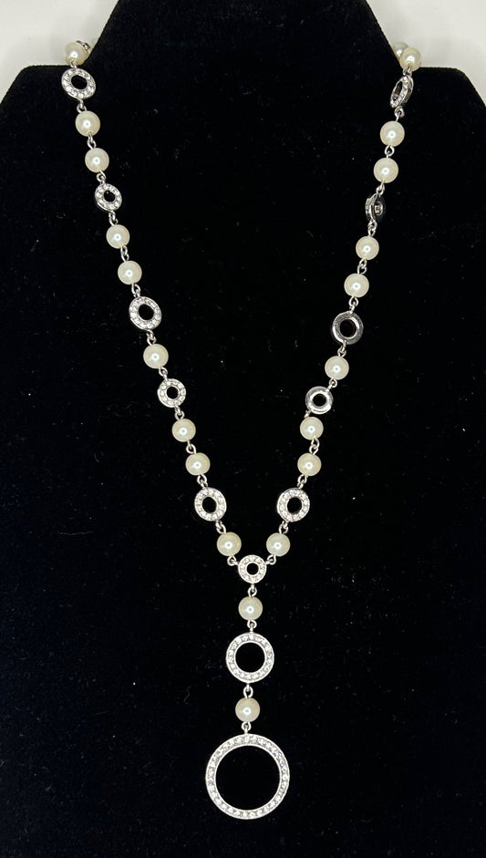 Carolee Faux Pearl Silver Tone Clear Rhinestone Circle Stations Chain Necklace 17.5"