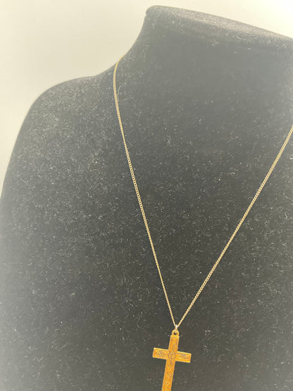 yellow gold-tone engraved Latin cross pendant necklace