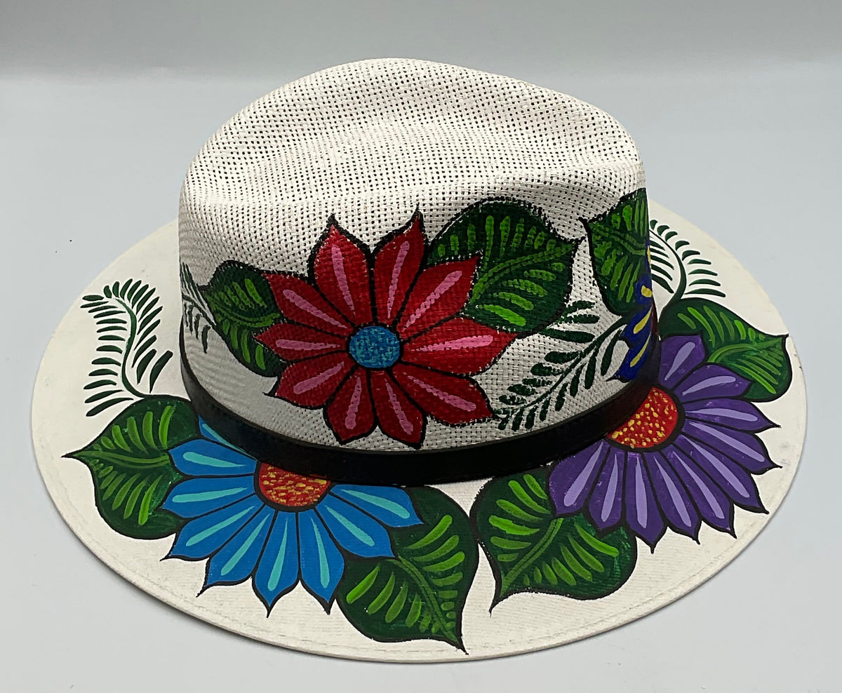 Hand Painted Floral Designed White Fedora Hat Made in Mexico large