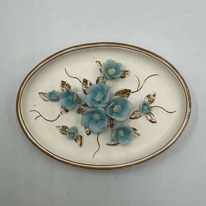 Vintage Lefton Japan Procelain Oval Wall Plaque Cyan Roses and Leaves