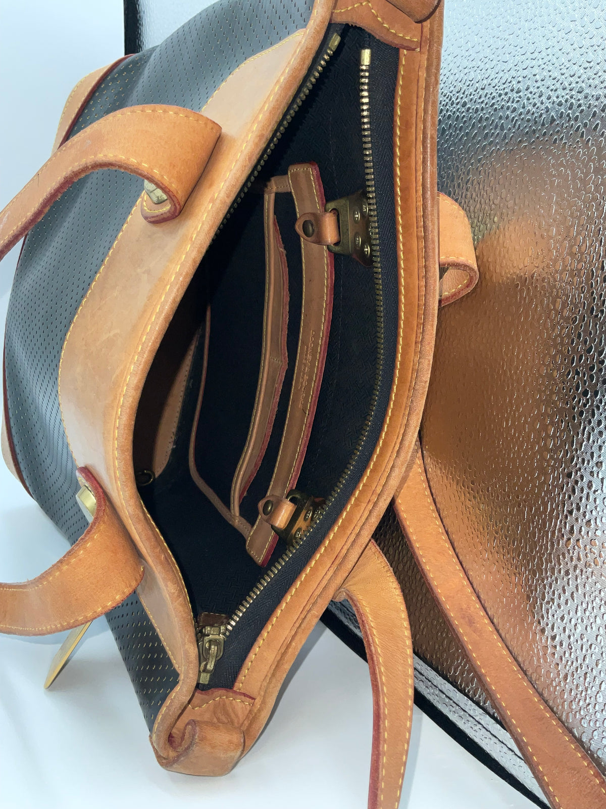Dooney & Bourke Bag Cabrio Perforated Leather Black Tan Tote