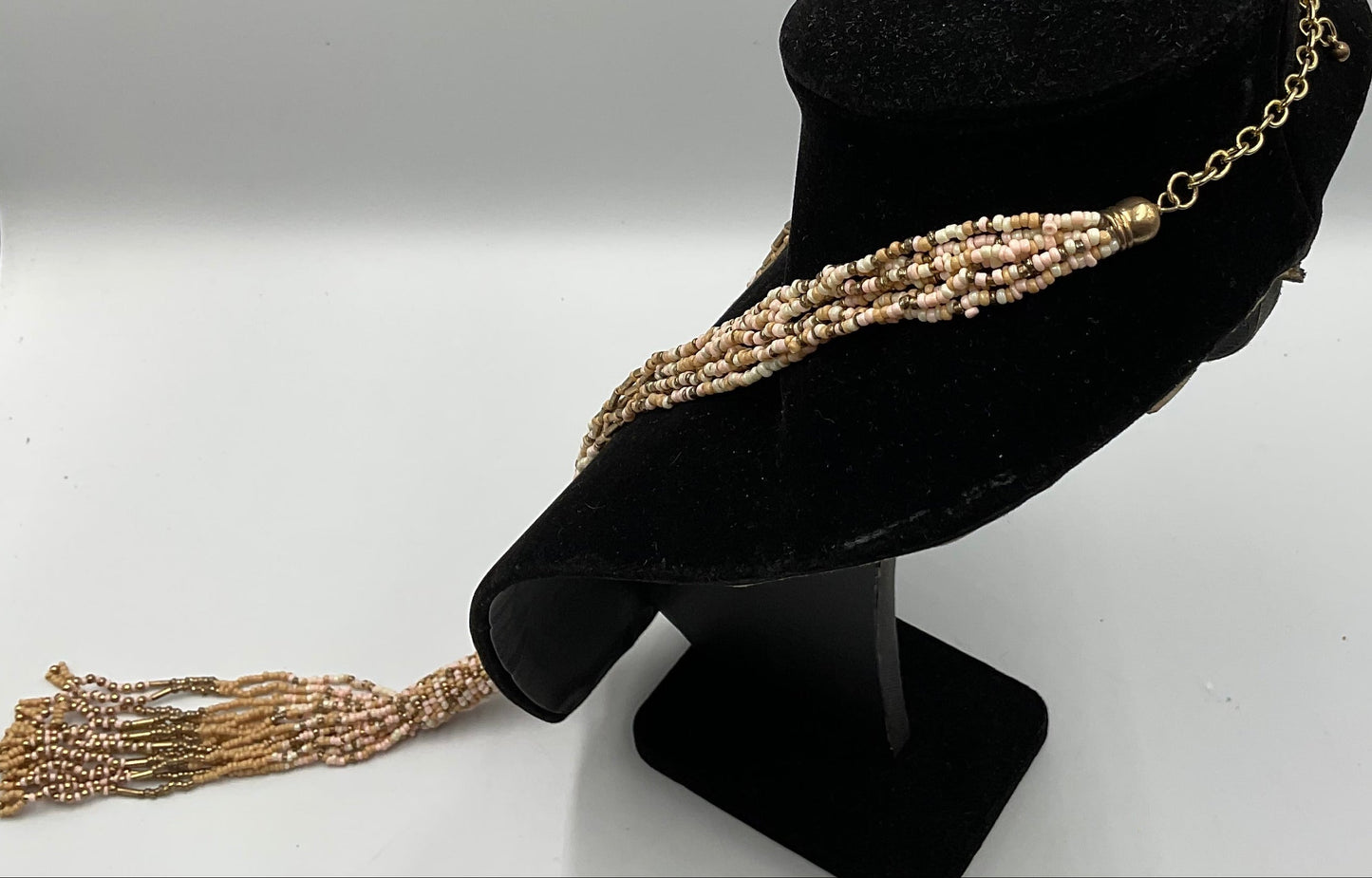 Long Dangling Tassel Necklace Tan Small Beaded Design Fashion Jewelry