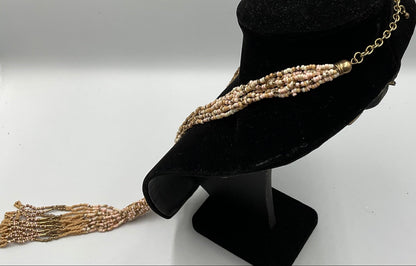 Long Dangling Tassel Necklace Tan Small Beaded Design Fashion Jewelry