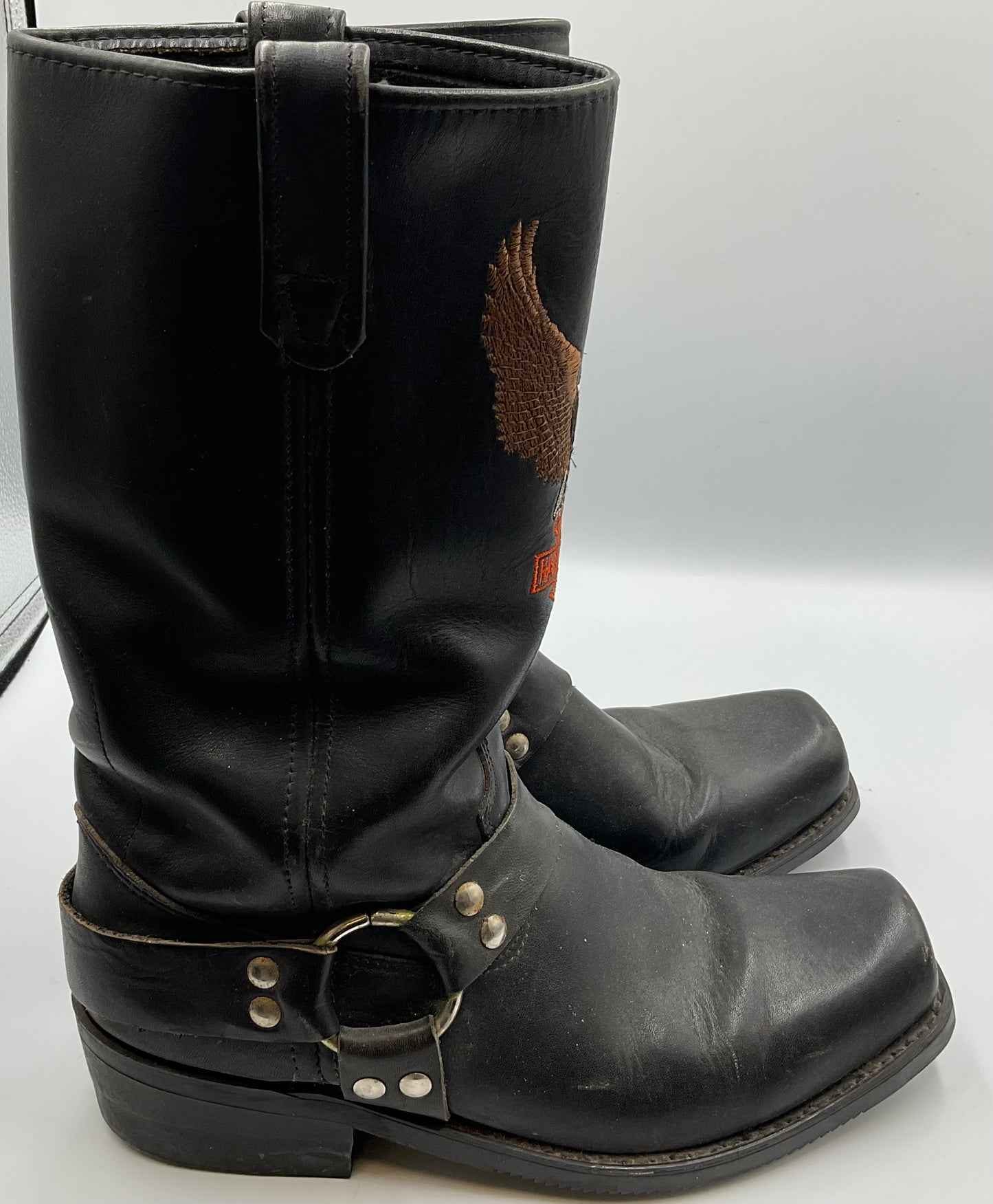 Square Toe USA Harley Davidson Screaming Eagle Black Leather Harness Boots Size 9