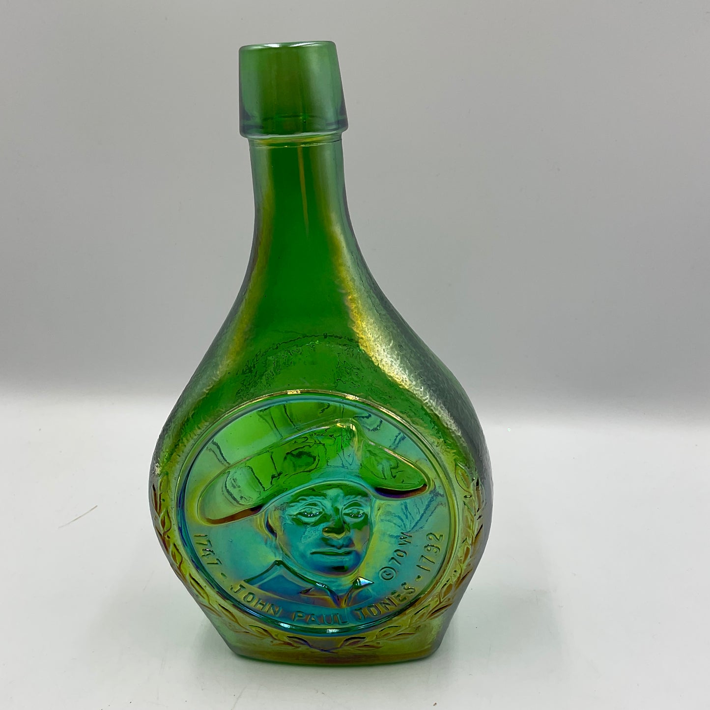Vintage Wheaton John Paul Jones Green Carnival Glass Bottle