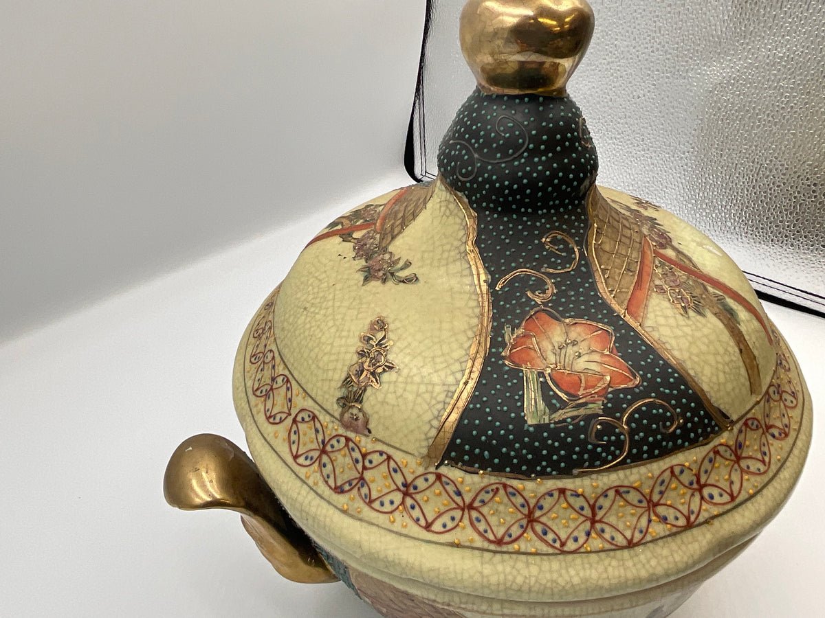 vintage Japanese Satsuma style earthenware covered tureen or casserole dish