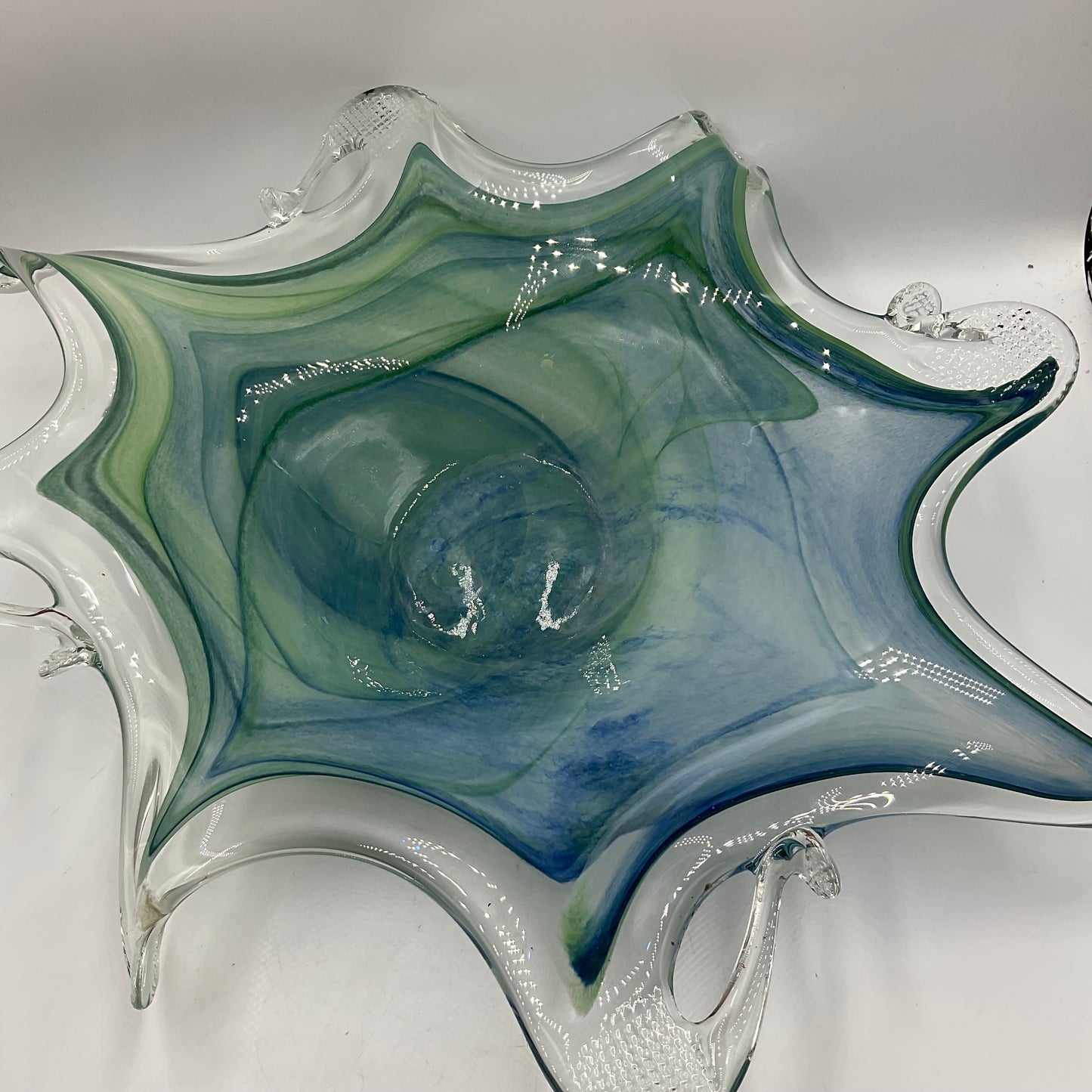 Murano Art Glass Bowl Blue with Green Swirls