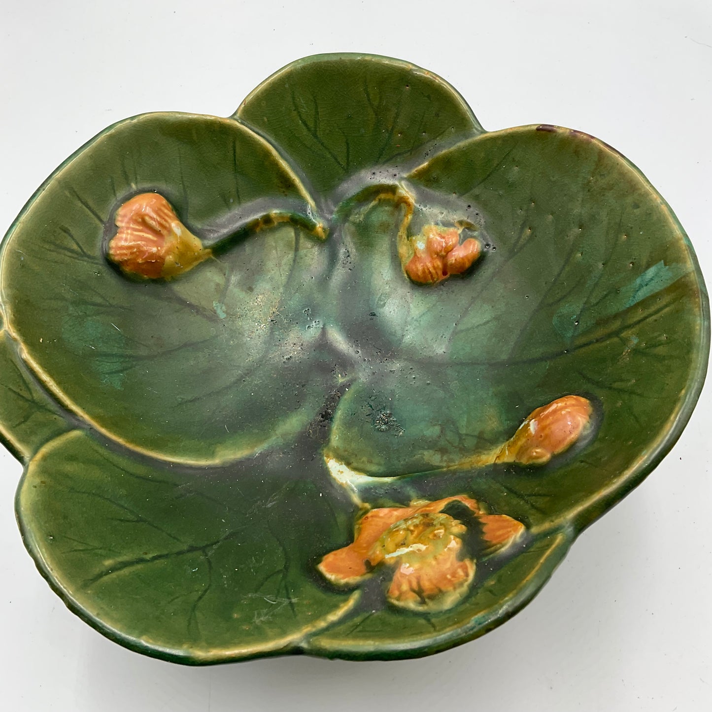 Antique Majolica Lily Pad & Flower Bowl