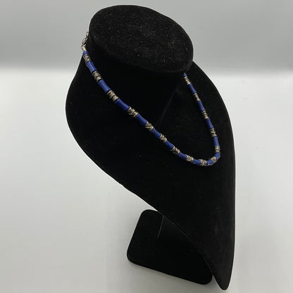 Blue and Silvertone Tube Shaped Beads Fashion Jewelry Necklace