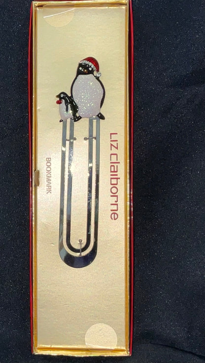 Liz Claiborne Christmas Holiday Season Jeweled Sparkle Penguin Bookmark New in Box