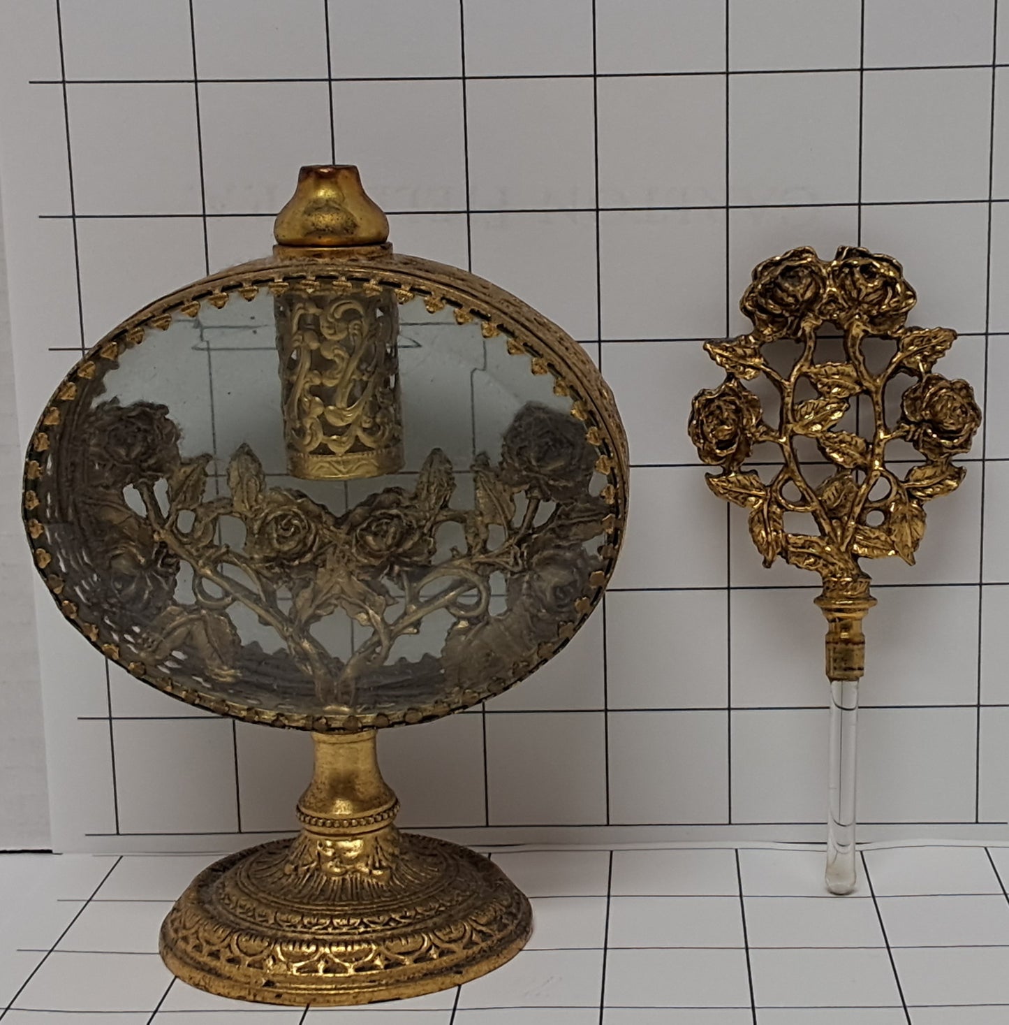 Ormolu Filigree Vintage Antique Gold Tone Perfume Bottle Oval Beveled Glass Floral Roses Motif