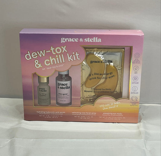 Grace & Stella Dew-Tox & Chill Kit Gold Eye Masks, Hyaluronic Acid Serum, Rose Spray, New in Box